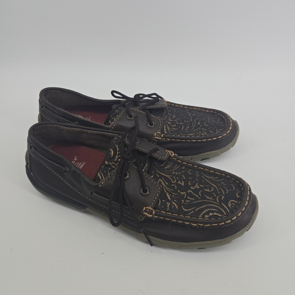 Twisted X WDM0070 Loafer Leather lace up Boat Shoes Moc Brown Tooled Women's 9 M